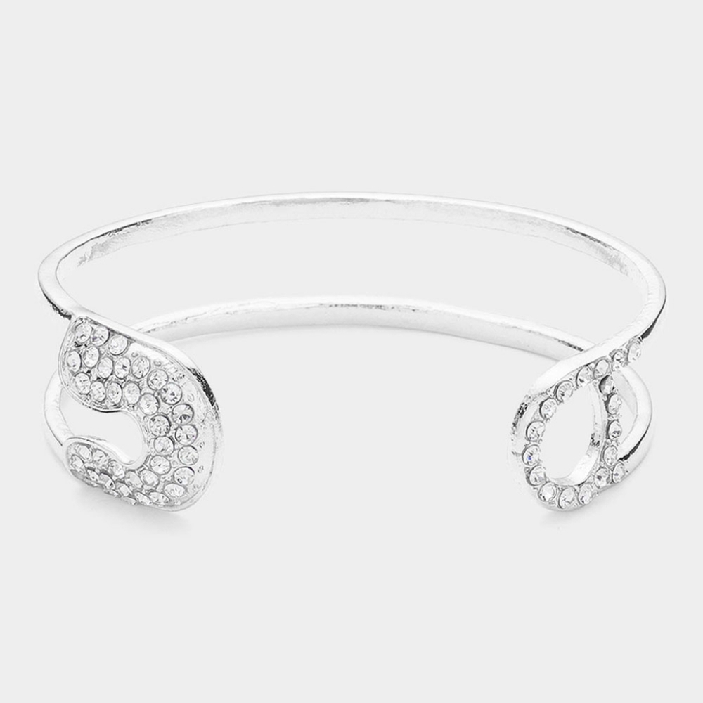 Silver Safety Pin Paved Rhinestone Crystal Tip Cuff Bracelet Bangle